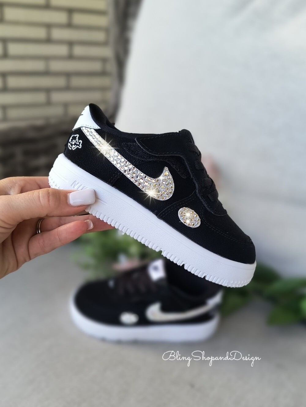 Bling Baby Toddler Nike Force 1 Low Easy On Custom With Crystals Black White